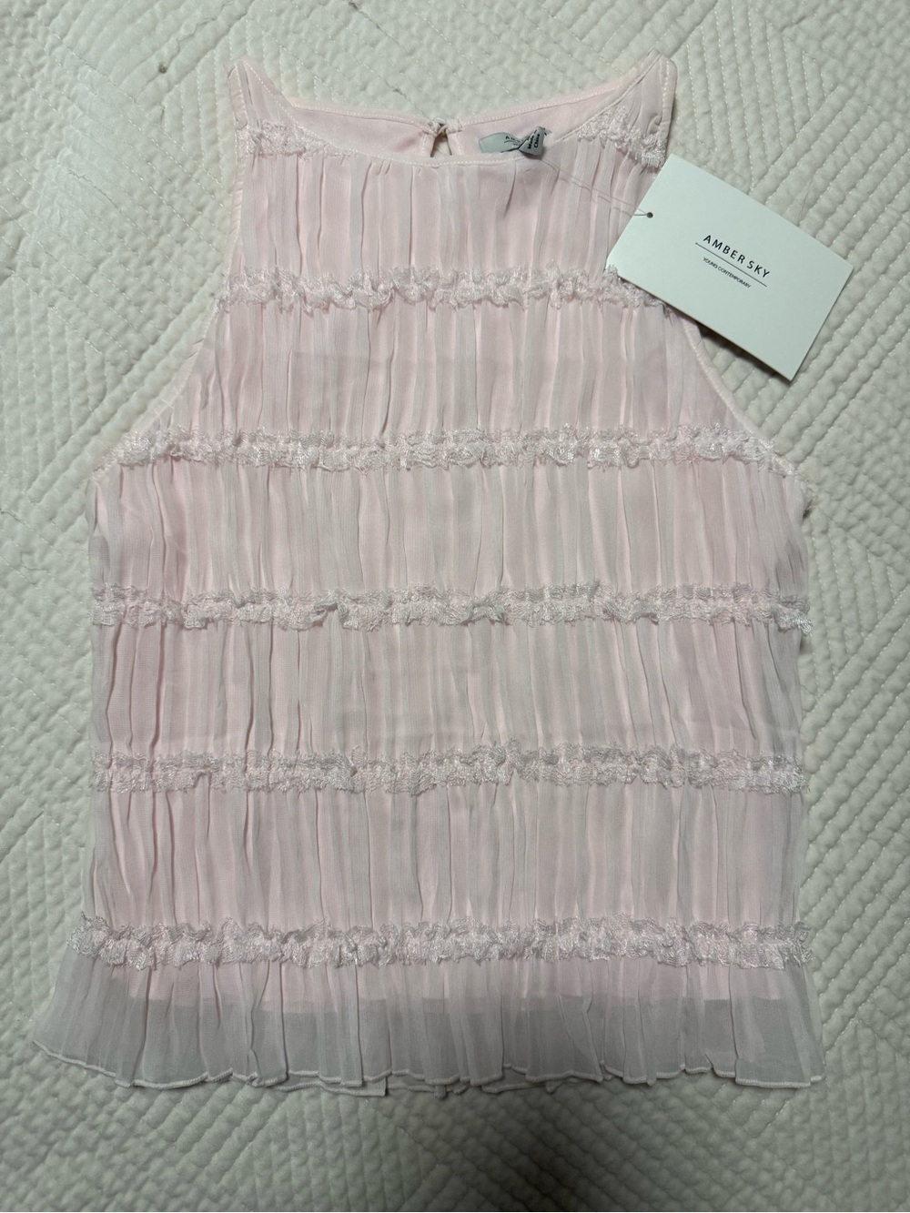 NWT Amber Sky Blush Pink Lace Ruffle Tiered Chiffon Coquette Tank Top M